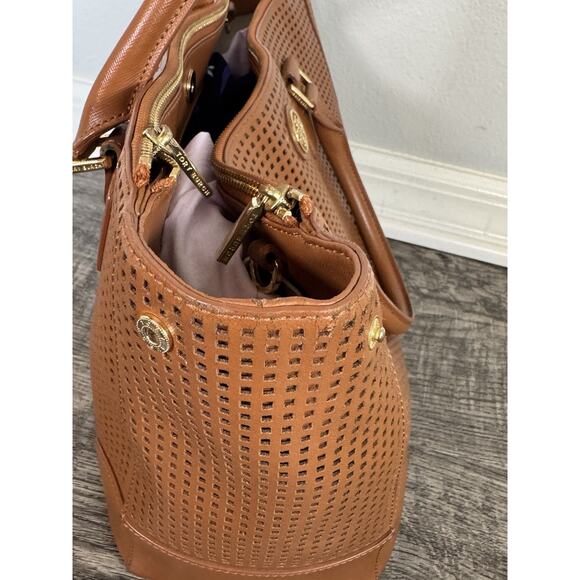 Authentic Tory Burch Robinson Perforated Tote Double Zip Satchel Brown No Strap - Picture 15 of 16